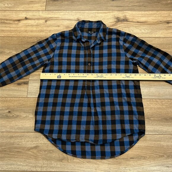 Madewell Flannel Drop-Shoulder Popover Top SZ Medium Blue Brown Check Button - Picture 7 of 12